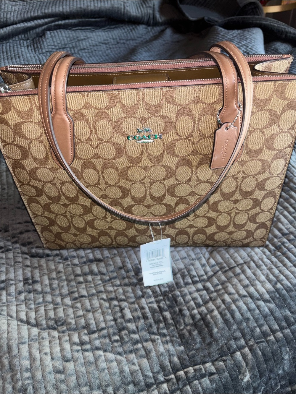 Coach Brown Signature Canvas Tote with Leather Trim